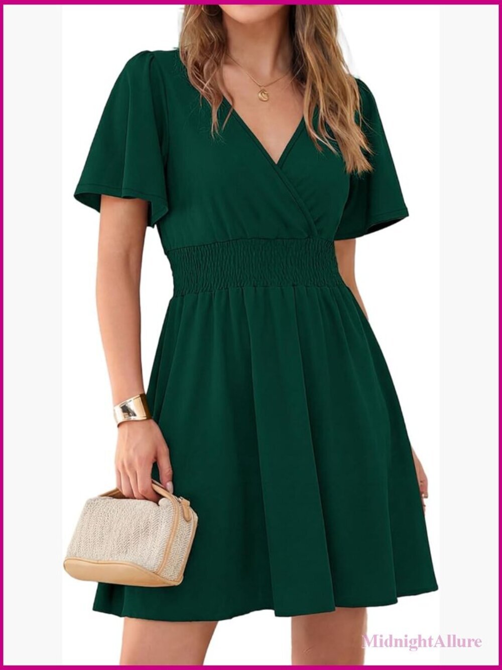 Women's Wrap V Neck Ruffle Short Sleeve Pleated Flowy Dress